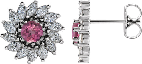 14K Gold Natural Pink Tourmaline & Natural Diamond Round 7-Prong Halo-Style Earrings - White Gold