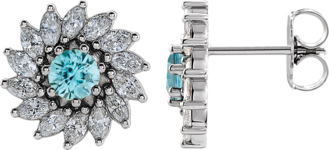 Platinum Natural Blue Zircon & Natural Diamond Round 7-Prong Halo-Style Earrings