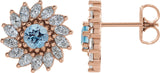 14K Gold Natural Aquamarine & Natural Diamond Round 7-Prong Halo-Style Earrings - Rose Gold
