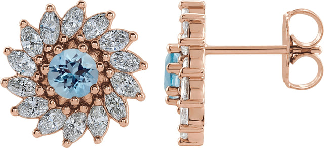 14K Gold Natural Aquamarine & Natural Diamond Round 7-Prong Halo-Style Earrings - Rose Gold