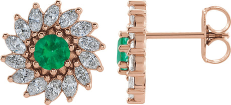 14K Gold Lab-Grown Emerald & Natural Diamond Round 7-Prong Halo-Style Earrings - Rose Gold