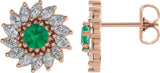 14K Gold Natural Emerald & Natural Diamond Round 7-Prong Halo-Style Earrings - Rose Gold
