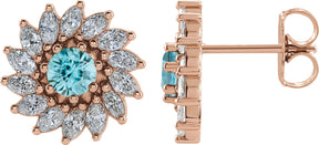 14K Gold Natural Blue Zircon & Natural Diamond Round 7-Prong Halo-Style Earrings - Rose Gold