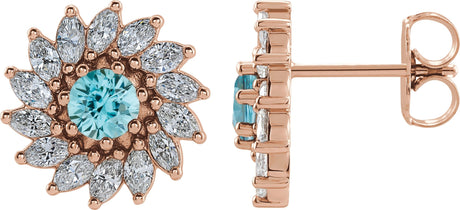 14K Gold Natural Blue Zircon & Natural Diamond Round 7-Prong Halo-Style Earrings - Rose Gold