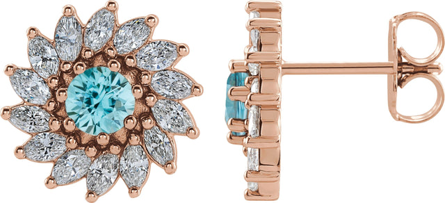 14K Gold Natural Blue Zircon & Natural Diamond Round 7-Prong Halo-Style Earrings - Rose Gold