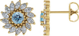 14K Gold Natural Aquamarine & Natural Diamond Round 7-Prong Halo-Style Earrings - Yellow Gold