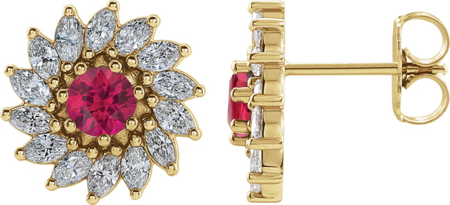 14K Gold Natural Ruby & Natural Diamond Round 7-Prong Halo-Style Earrings - Yellow Gold