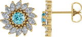 14K Gold Natural Blue Zircon & Natural Diamond Round 7-Prong Halo-Style Earrings - Yellow Gold