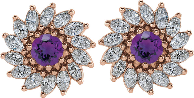 14K Gold Natural Amethyst & Natural Diamond Round 7-Prong Halo-Style Earrings - Rose Gold - view 2
