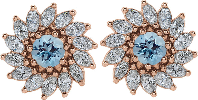 14K Gold Natural Aquamarine & Natural Diamond Round 7-Prong Halo-Style Earrings - Rose Gold - view 2