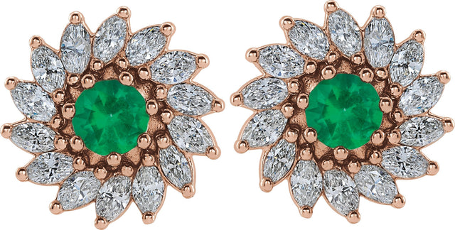 14K Gold Lab-Grown Emerald & Natural Diamond Round 7-Prong Halo-Style Earrings - Rose Gold - view 2