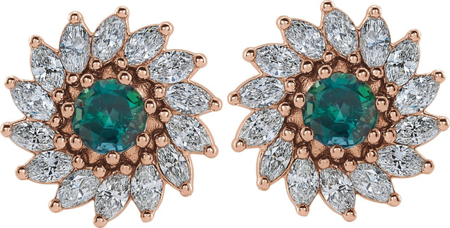 14K Gold Natural Alexandrite & Natural Diamond Round 7-Prong Halo-Style Earrings - Rose Gold - view 2