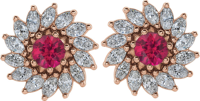 14K Gold Lab-Grown Ruby & Natural Diamond Round 7-Prong Halo-Style Earrings - Rose Gold - view 2
