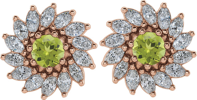 14K Gold Natural Peridot & Natural Diamond Round 7-Prong Halo-Style Earrings - Rose Gold - view 2