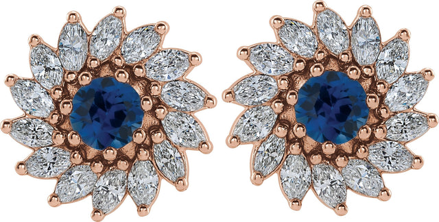 14K Gold Lab-Grown Blue Sapphire & Natural Diamond Round 7-Prong Halo-Style Earrings - Rose Gold - view 2