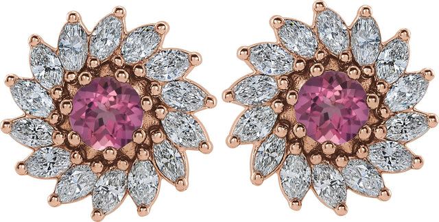 14K Gold Natural Pink Tourmaline & Natural Diamond Round 7-Prong Halo-Style Earrings - Rose Gold - view 2