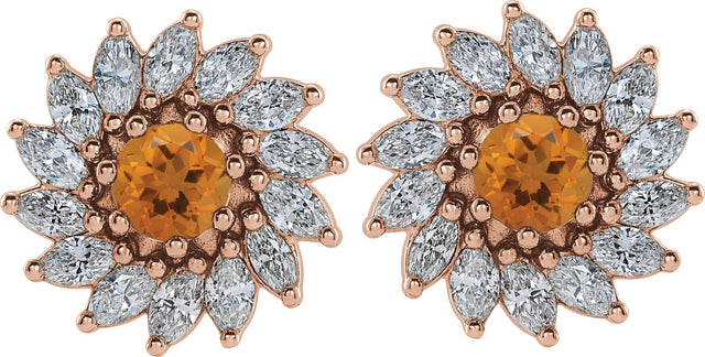14K Gold Natural Citrine & Natural Diamond Round 7-Prong Halo-Style Earrings - Rose Gold - view 2