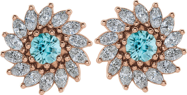 14K Gold Natural Blue Zircon & Natural Diamond Round 7-Prong Halo-Style Earrings - Rose Gold - view 2