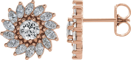 14K Gold Natural White Sapphire & Natural Diamond Round 7-Prong Halo-Style Earrings - Rose Gold