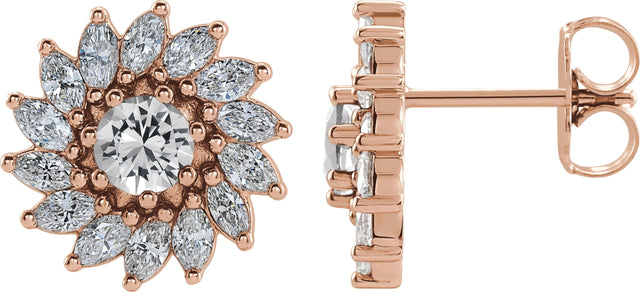 14K Gold Natural White Sapphire & Natural Diamond Round 7-Prong Halo-Style Earrings - Rose Gold