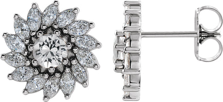 Platinum Natural White Sapphire & Natural Diamond Round 7-Prong Halo-Style Earrings
