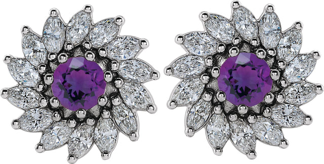 14K Gold Natural Amethyst & Natural Diamond Round 7-Prong Halo-Style Earrings - White Gold - view 2