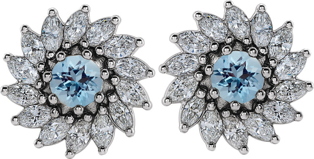 14K Gold Natural Aquamarine & Natural Diamond Round 7-Prong Halo-Style Earrings - White Gold - view 2