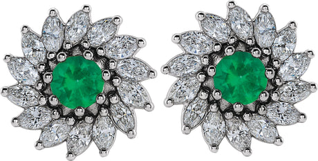 Platinum Natural Emerald & Natural Diamond Round 7-Prong Halo-Style Earrings - view 2