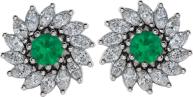 Platinum Natural Emerald & Natural Diamond Round 7-Prong Halo-Style Earrings - view 2