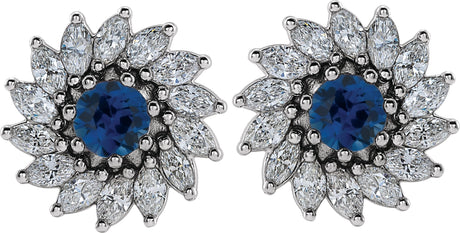 Platinum Natural Blue Sapphire & Natural Diamond Round 7-Prong Halo-Style Earrings - view 2