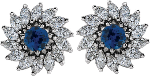 14K Gold Lab-Grown Blue Sapphire & Natural Diamond Round 7-Prong Halo-Style Earrings - White Gold - view 2