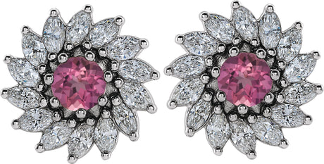 Platinum Natural Pink Tourmaline & Natural Diamond Round 7-Prong Halo-Style Earrings - view 2