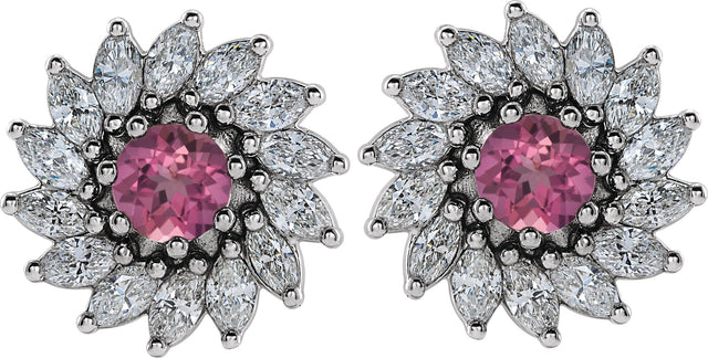 Platinum Natural Pink Tourmaline & Natural Diamond Round 7-Prong Halo-Style Earrings - view 2