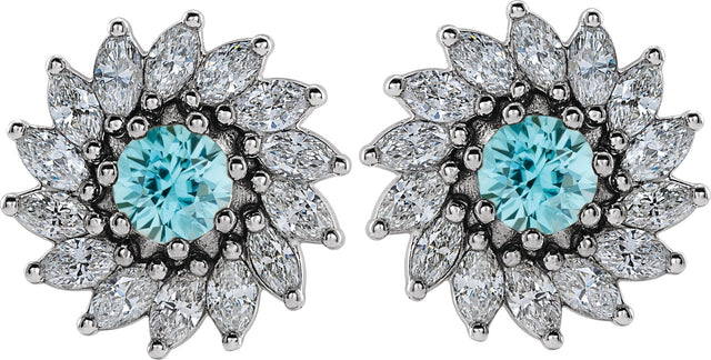 14K Gold Natural Blue Zircon & Natural Diamond Round 7-Prong Halo-Style Earrings - White Gold - view 2