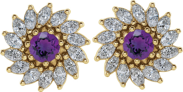 14K Gold Natural Amethyst & Natural Diamond Round 7-Prong Halo-Style Earrings - Yellow Gold - view 2