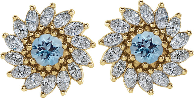 14K Gold Natural Aquamarine & Natural Diamond Round 7-Prong Halo-Style Earrings - Yellow Gold - view 2