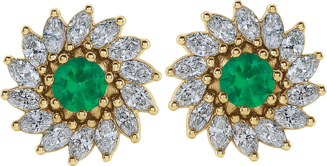 14K Gold Natural Emerald & Natural Diamond Round 7-Prong Halo-Style Earrings - Yellow Gold - view 2