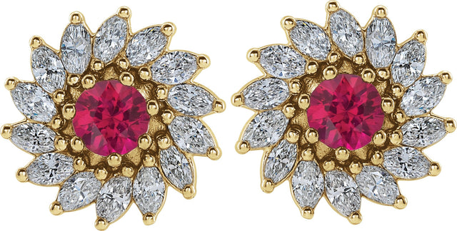 14K Gold Natural Ruby & Natural Diamond Round 7-Prong Halo-Style Earrings - Yellow Gold - view 2