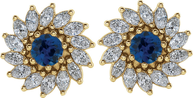 14K Gold Natural Blue Sapphire & Natural Diamond Round 7-Prong Halo-Style Earrings - Yellow Gold - view 2