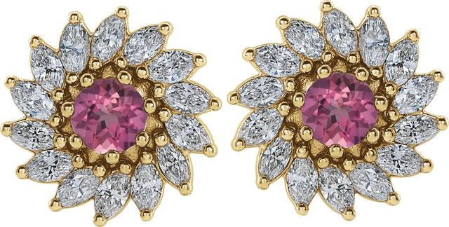 14K Gold Natural Pink Tourmaline & Natural Diamond Round 7-Prong Halo-Style Earrings - Yellow Gold - view 2
