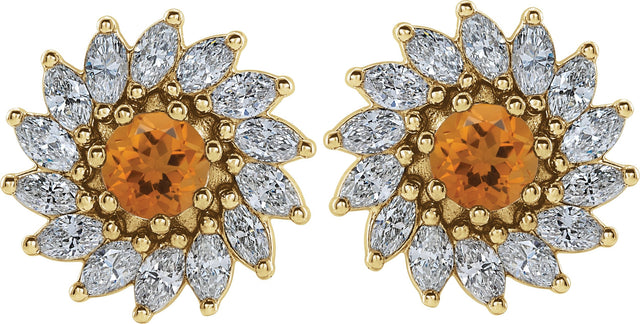 14K Gold Natural Citrine & Natural Diamond Round 7-Prong Halo-Style Earrings - Yellow Gold - view 2