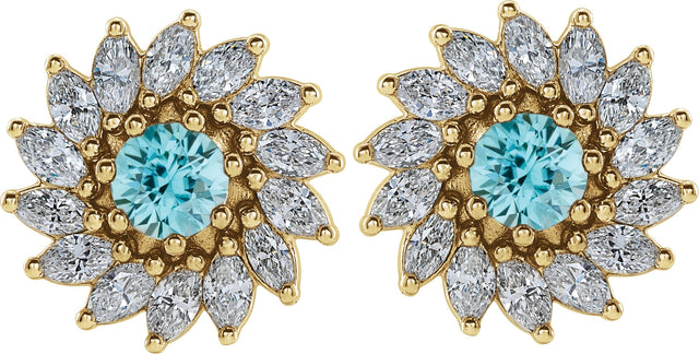 14K Gold Natural Blue Zircon & Natural Diamond Round 7-Prong Halo-Style Earrings - Yellow Gold - view 2