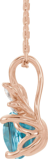 14K Gold Round Natural Blue Zircon & Natural Diamond Accented Floral Necklace or Pendant - Rose Gold - view 2