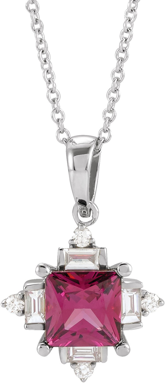 Platinum Square Natural Rhodolite Garnet & Natural Diamond Geometric Necklace or Pendant – 1/5 CTW