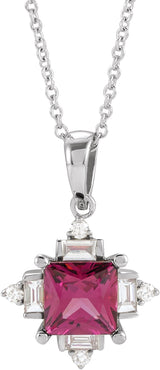 14K Gold Square Natural Rhodolite Garnet & Natural Diamond Geometric Necklace or Pendant – 1/5 CTW - White Gold