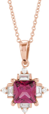 14K Gold Square Natural Rhodolite Garnet & Natural Diamond Geometric Necklace or Pendant – 1/5 CTW - Rose Gold