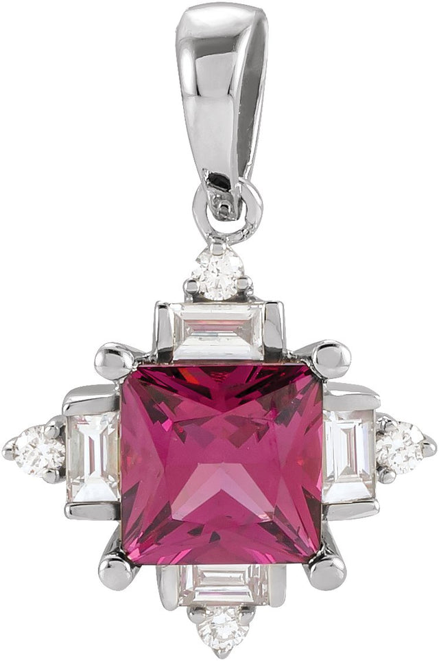 Platinum Square Natural Rhodolite Garnet & Natural Diamond Geometric Necklace or Pendant – 1/5 CTW
