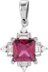14K Gold Square Natural Rhodolite Garnet & Natural Diamond Geometric Necklace or Pendant – 1/5 CTW - White Gold
