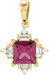 14K Gold Square Natural Rhodolite Garnet & Natural Diamond Geometric Necklace or Pendant – 1/5 CTW - Yellow Gold