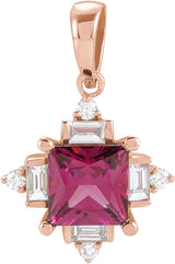 14K Gold Square Natural Rhodolite Garnet & Natural Diamond Geometric Necklace or Pendant – 1/5 CTW - Rose Gold